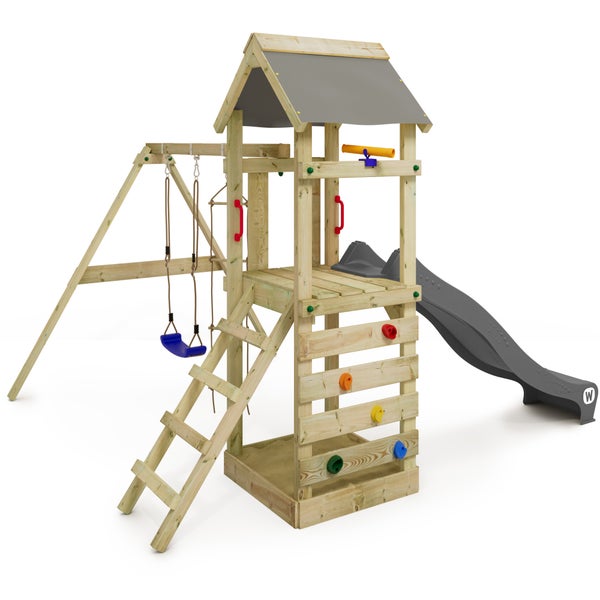 WICKEY Spielturm Klettergerüst FreeFlyer mit Schaukel und Rutsche, Kletterturm mit Sandkasten, Leiter und Spiel-Zubehör - anthrazit
