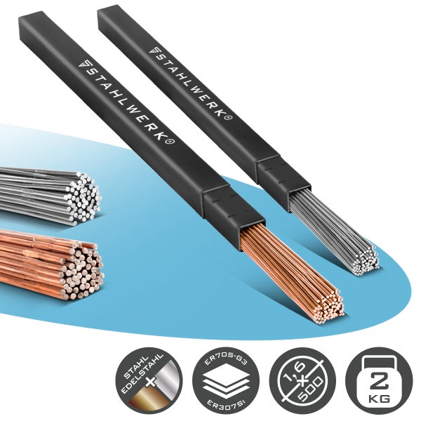 Stahlwerk Schweißstäbe für Stahl und Edelstahl. Abmessungen 1,6 mal 500 Millimeter, Gewicht 2 Kilogramm.
