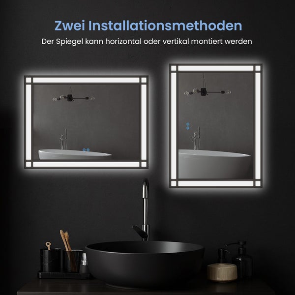 LED Badezimmerspiegel mit integrierter Beleuchtung, kann horizontal oder vertikal montiert werden, über dem Waschbecken präsentiert.