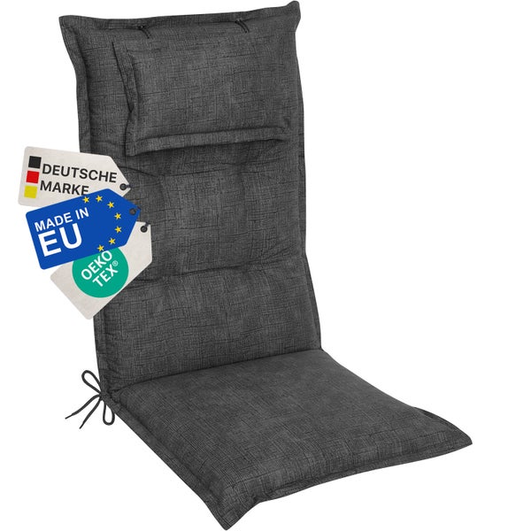 Auflage für Gartenstühle mit hoher Rückenlehne, Befestigungsbänder, Deutsche Marke Siegel, Hergestellt in EU Siegel, Oeko Tex Siegel