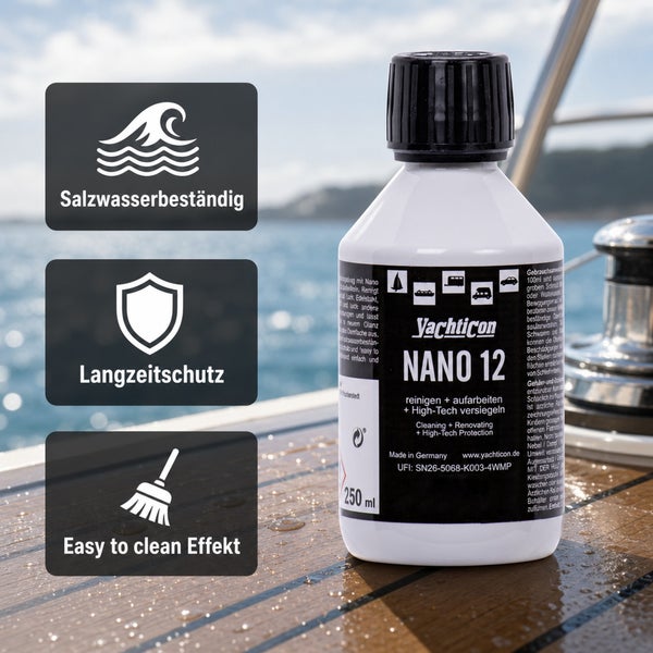 Yachticon Nano 12 Reinigungs und Versiegelungsmittel in 250 Milliliter Flasche fuer Boote mit Langzeitschutz und Salzwasserbestaendigkeit.