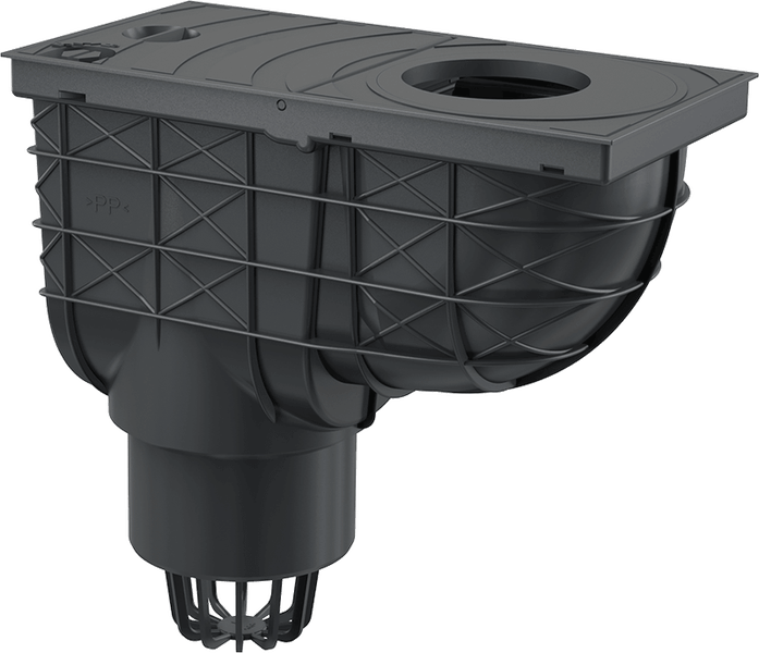 Schwarzer Dachrinnenablauf aus Kunststoff mit integriertem Laubfangkorb.