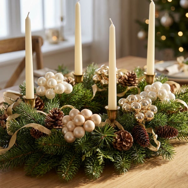 Weihnachtskranz aus Tannengrün mit vier Kerzenhaltern, Kerzen, Kiefernzapfen und dekorativen Kugeln auf einem Holztisch.
