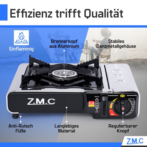 Z.M.C Edelstahl Campingkocher Gaskocher 1 Flammig + Aufbewahrungskoffer + 8x Gaskartuschen 227g für Indoor/Outdoor | Wärmeleistung: 2,2KW  Piezozündung Kartuschenkocher
