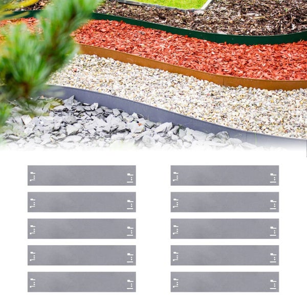 Set aus zehn flexiblen Beetumrandungen zur sauberen Trennung von Gartenbeeten und Wegen durch abgetrennte Bereiche mit Kieselsteinen und Rindenmulch.