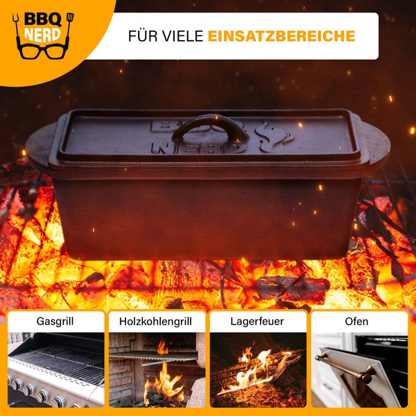 BBQ-Nerd Kleine Brotbackform 3 L - Gusseisen Kastenform mit Deckel | Backform für Ofen, Grill, Feuer | Brottopf Dutch Oven für Hackbraten Fleischkäse Brot