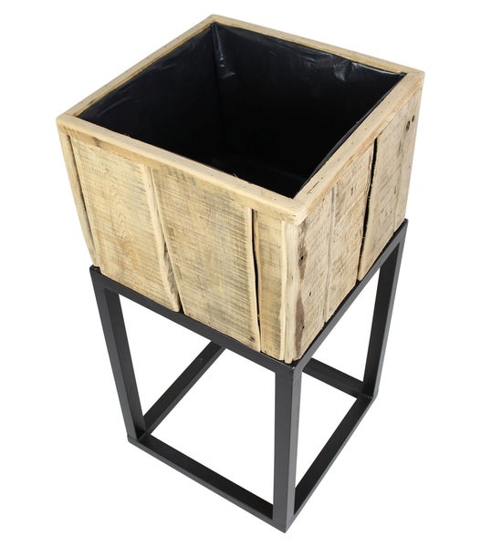 FRANK FLECHTWAREN | Pflanzkasten Modern, quadratisch, HOLZ, METALL, FOLIE, 38 x 38 x 28 cm, GH 78 cm