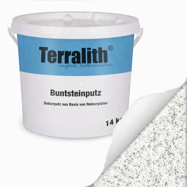 Terralith Buntsteinputz 14 Kilogramm, Dekorputz auf Reinacrylatbasis mit feiner Kieselstruktur für Fassade und Innenbereich.