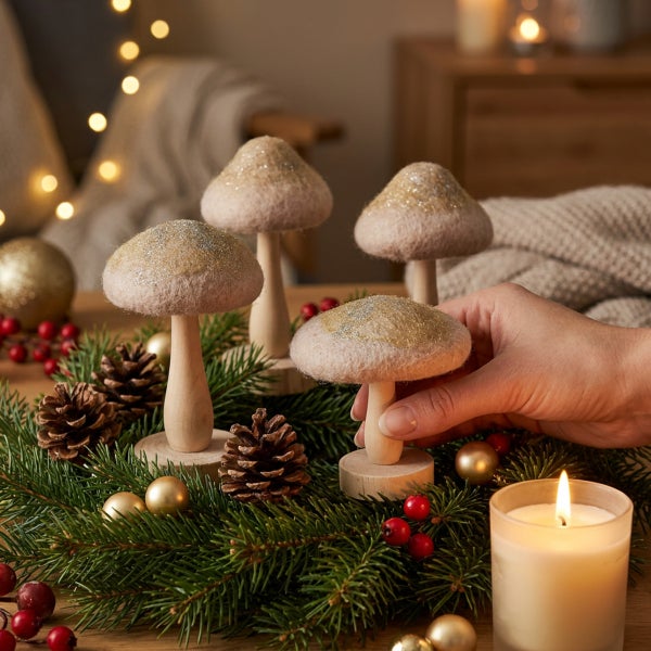 Dekorative Filzpilze mit Holzstielen auf einem weihnachtlichen Adventskranz mit Tannenzweigen, Tannenzapfen und Kerzenschein.