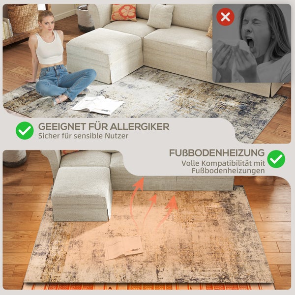 Teppich mit abstraktem Muster im Wohnzimmer, geeignet für Allergiker und kompatibel mit Fußbodenheizung.
