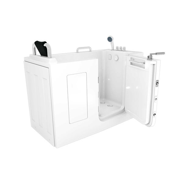 Geöffnete, weiße Badewanne mit Tür für barrierefreies Baden