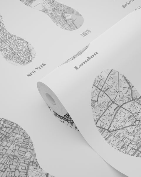 Tapetenrolle mit Stadtplänen von New York, London, Tokio und Stockholm
