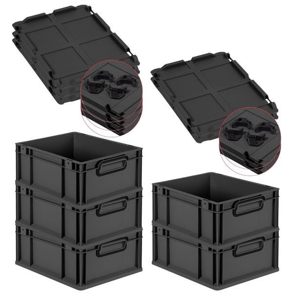 PROREGAL SparSet 5x Eurobox NextGen Color mit Auflagedeckel und Schiebeschnappverschlüsse, HxBxT 17x30x40cm, 16 Liter, Schwarz, Griffe schwarz geschlossen, Eurobehälter, Transportbox, Transportbehälter, Stapelbehälter