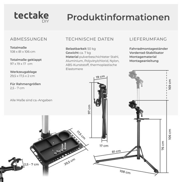 Fahrradmontageständer tectake Jan inklusive Vorderrad-Stabilisator und magnetischer Werkzeugablage Belastbarkeit 50 kg, klappbar mit Schnellverschlüssen grau/schwarz