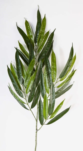 Künstlicher Olivenzweig mit grünen länglichen Blättern und einem strukturierten Stiel aus Kunststoff.