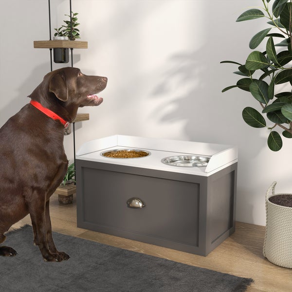 PawHut Hundenapf, 2 x 2L Futternapf, erhöhter Fressnapf mit Schublade, Edelstahlnapf, Futterstation für große Hunde, Grau