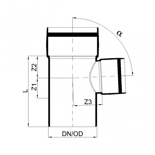 Maßzeichnung für einen HT-Abzweig mit Angaben für Nennweite, Länge, Winkel und Anschlussmaßen.