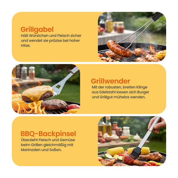 Illustration von Grillbesteck: Grillgabel, Grillwender und BBQ-Backpinsel im Einsatz.