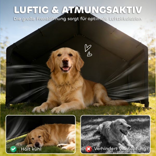 Luftige Hundehütte aus Stoff mit einem Golden Retriever im hellen Garten, Darstellung der Luftzirkulation durch die große Frontöffnung.