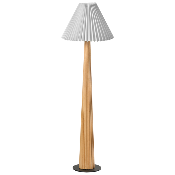 Stehleuchte mit plissiertem Lampenschirm und Holzfuß