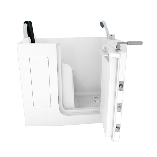 Begehbare Badewanne mit offener Tür und Duschkopf