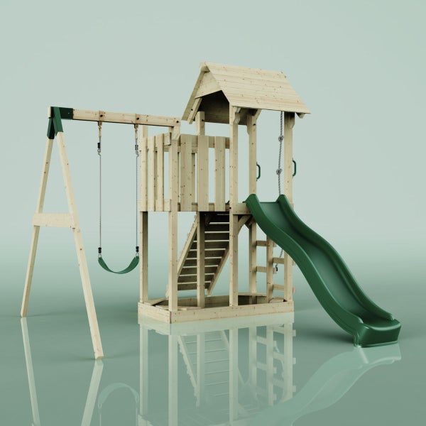 Spielturm aus Holz mit Schaukel und Rutsche