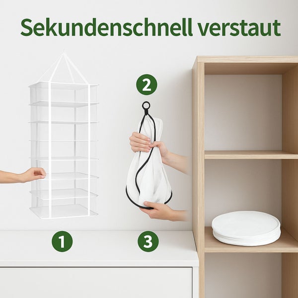 Darstellung eines hängenden Trockners im aufgebauten und zusammengefalteten Zustand