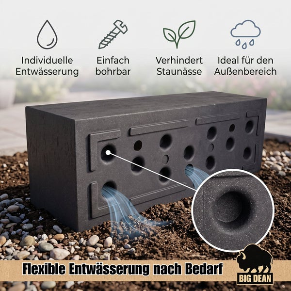 Rechteckiger Pflanzstein mit Entwässerungslöchern für den Garten, bietet Schutz vor Staunässe, individuell bohrbar, Marke Big Dean.