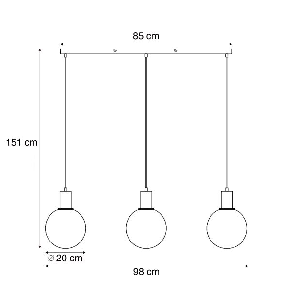 Technische Zeichnung einer Pendelleuchte mit drei Leuchten und Maßangaben