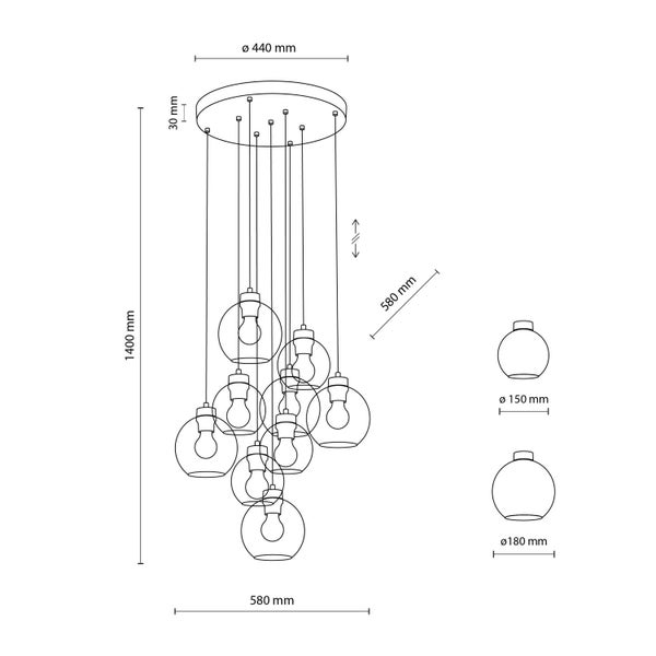 Technische Zeichnung einer Pendelleuchte mit neun Glaskugeln und Maßangaben.