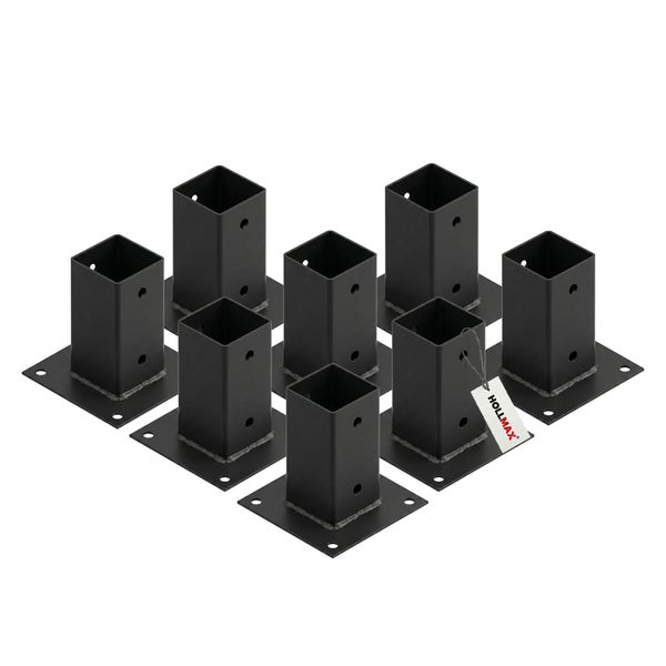Set mit 8 Pfostenträgern aus Metall zum Aufschrauben, für quadratische Pfosten, schwarz beschichtet, Hollmax Logo.