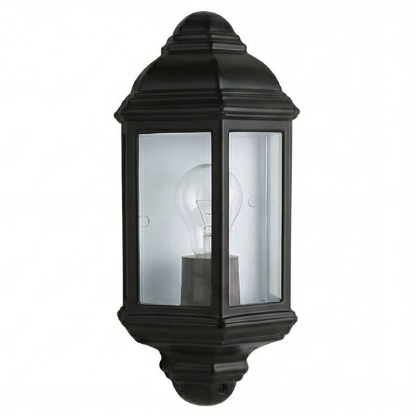 Schwarze Außenwandleuchte im Laternenstil mit Glaseinsatz