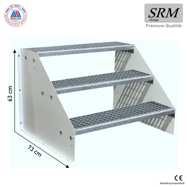 Dreistufige Treppe mit Gitterroststufen aus verzinktem Stahl, SRM Design Logo, Metallzert Zertifizierung, CE Kennzeichnung, Höhe 63 Zentimeter.