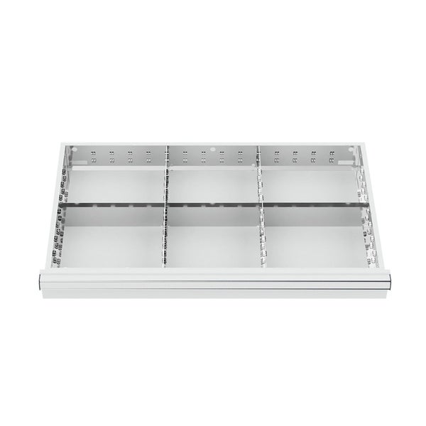 Schubladeneinsatz aus Metall mit sechs Fächern für die Werkzeugorganisation.