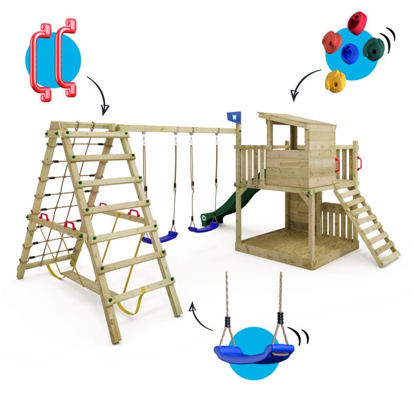 WICKEY Spielturm Klettergerüst Smart Nest mit Schaukel und Rutsche, Sandkasten, Surfswing mit Kletteranbau, Kletterwand und Spiel-Zubehör – grün