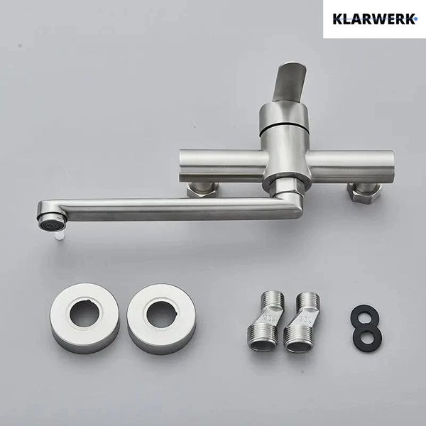Wandarmatur für die Küche von Klarwerk Logo mit schwenkbarem Auslauf, S-Anschlüssen und Rosetten aus Edelstahl