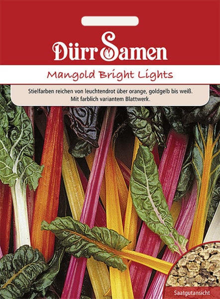Samentüte für Mangold Bright Lights mit Dürr Samen Logo, Abbildung von bunten Stielen und grünen Blättern sowie einer Ansicht der Samen.