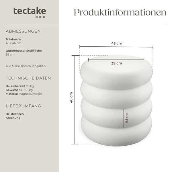 Technisches Datenblatt mit Maßzeichnung eines runden Beistelltisches aus Magnesiumoxid von Tectake Home.