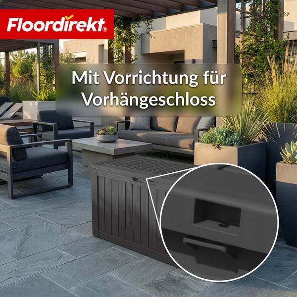 Außenaufnahme einer Gartenbox mit Vorrichtung für ein Vorhängeschloss auf einer Terrasse.