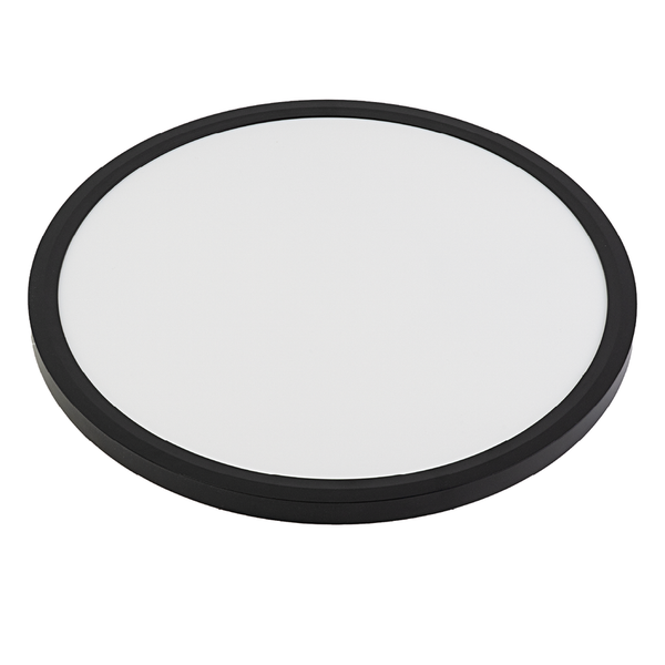 Runde flache LED-Deckenleuchte mit schwarzem Rahmen und weißem Diffusor.