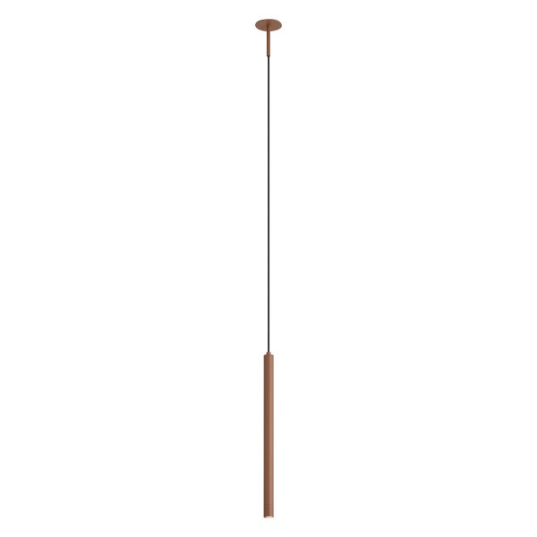 Schlanke, zylindrische Pendelleuchte in Kupferoptik mit schwarzem Kabel und runder Deckenhalterung.