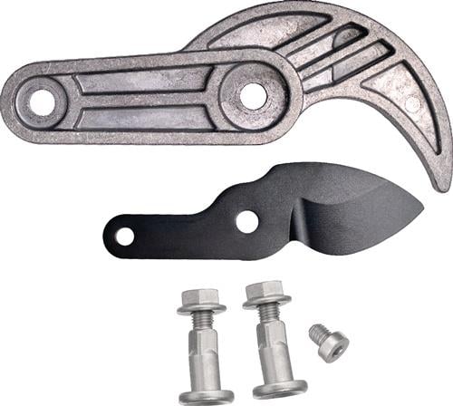 Ersatzmesser-Set für Bypass-Astschere aus Metall, bestehend aus einem schwarzen Messer, einer grauen Gegenklinge und drei Befestigungsschrauben.
