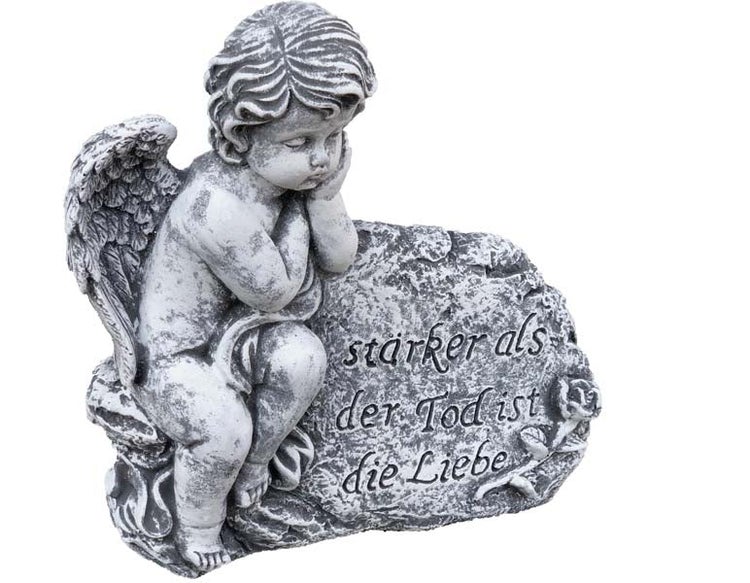 Grabschmuck Engel Figur aus Kunststein mit Inschrift starker als der Tod ist die Liebe als Dekoration für den Friedhof