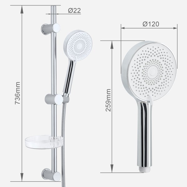Maßzeichnung Duschset: Duschstange 736 Millimeter, Durchmesser 22 Millimeter, Handbrause 259 Millimeter, Durchmesser Brausekopf 120 Millimeter.