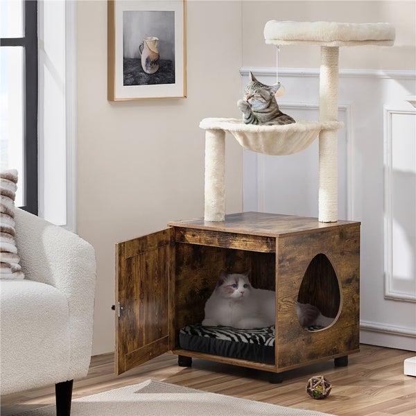 Katzenbaum mit Höhle, Kratzbaum, Liegefläche und Spielzeug, inklusive Katzen