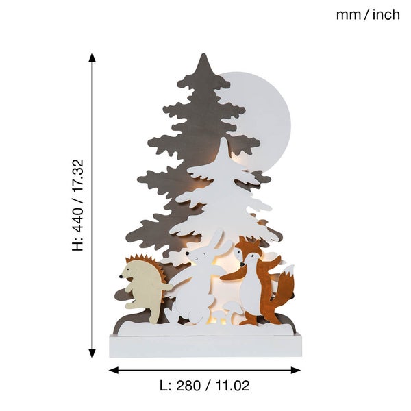 Dekorative Holzleuchte mit Waldtiermotiven und Maßen 440 x 280 Millimeter.