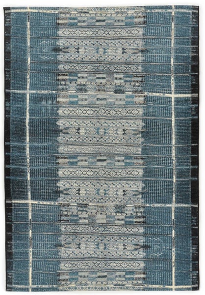 Rechteckiger Teppich mit geometrischem Muster und Streifen in Blau und Grau.