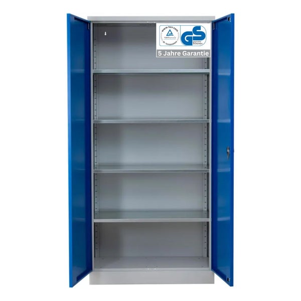 PROREGAL Stahlschrank Bee 4 Fachböden HxBxT 195 x 92 x 42 cm Pulverbeschichtetes Fachbodenmaterial Grau & Blau
