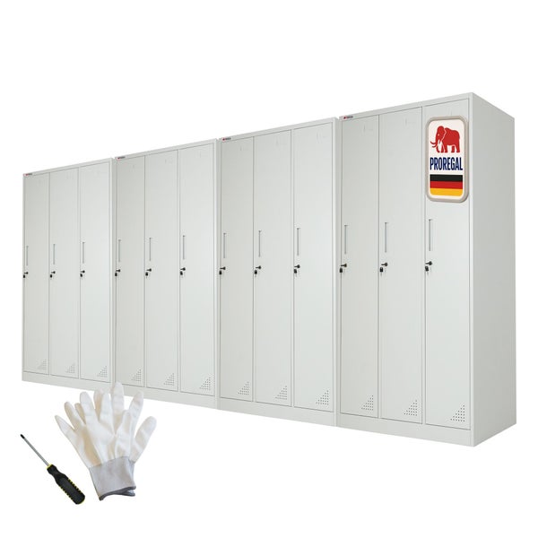 Proregal Metall-Spinde, zwölf abschließbare Fächer, inklusive Handschuhe und Schraubendreher. Qualität aus Deutschland. Proregal Logo.