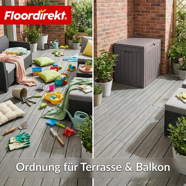 Vorher-Nachher-Ansicht eines Balkons mit Terrassendielen, einmal unordentlich mit Spielzeug und einmal ordentlich mit einer Aufbewahrungsbox. Floor direkt Logo